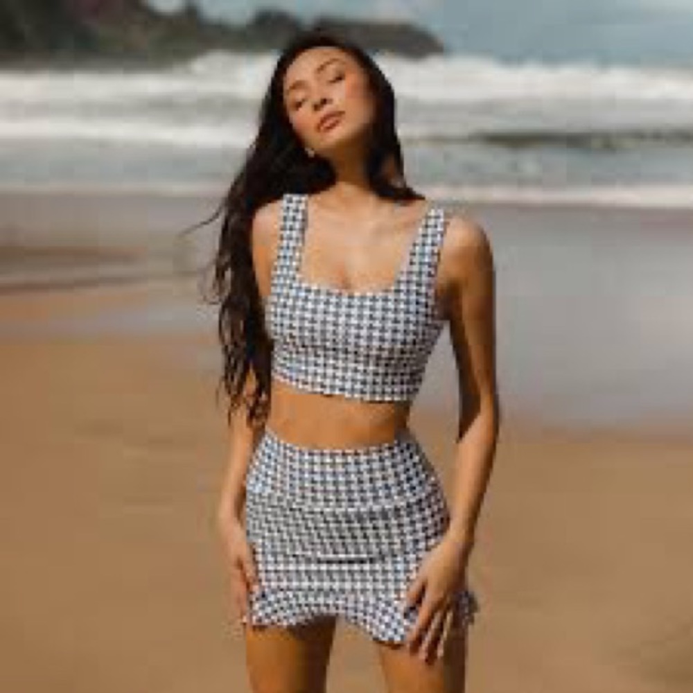 Houndstooth High-Wasted Swim Skirt